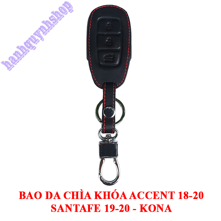 Bao da chìa khóa Accent 2018-2020, Santafe 2019-2020, KONA màu đen chỉ đỏ tặng kèm móc