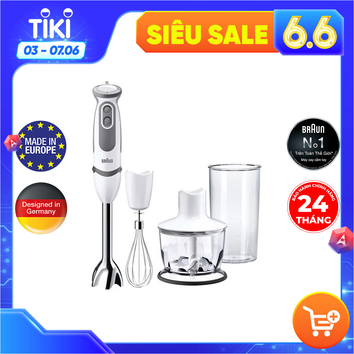 Combo Tiện Lợi Máy xay cầm tay Braun MQ5235 và Bình giữ nhiệt Thermos nút bấm JNL-752 MTB 750ml màu xanh dương- Hàng chính hãng