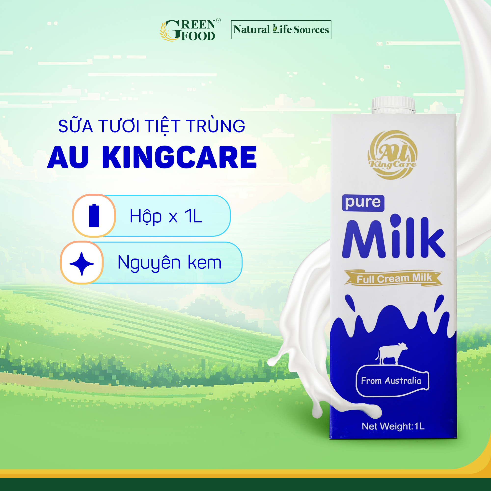 Sữa tươi tiệt trùng AU KingCare nguyên kem không đường | Hộp 1L - Nhập khẩu trực tiếp từ Úc