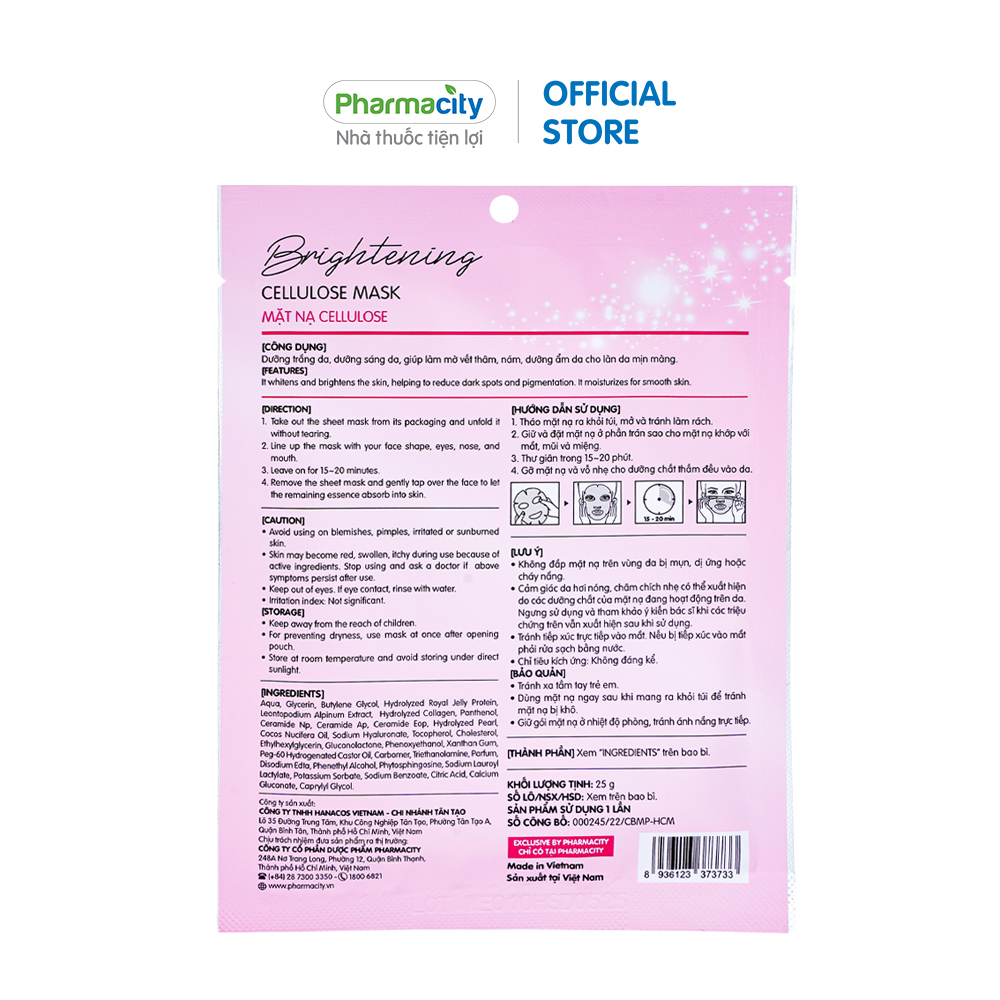 Mặt nạ Pharmacity hỗ trợ dưỡng da trắng sáng, giảm mờ thâm sạm Brightening Cellulose Mask (25g)