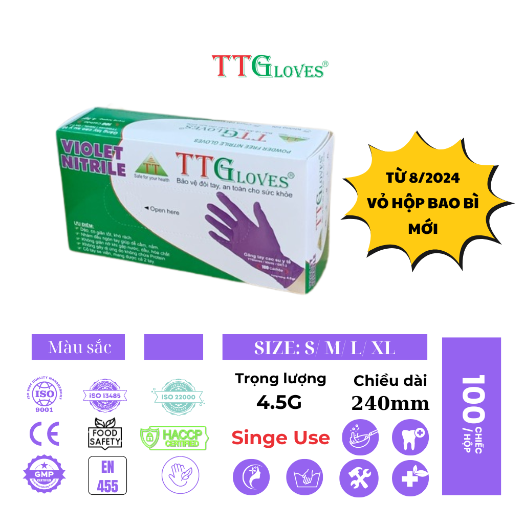 Găng Tay Cao Su Y Tế Size M Không Bột Nitrile TTGLOVES Màu Tím (100 Chiếc)