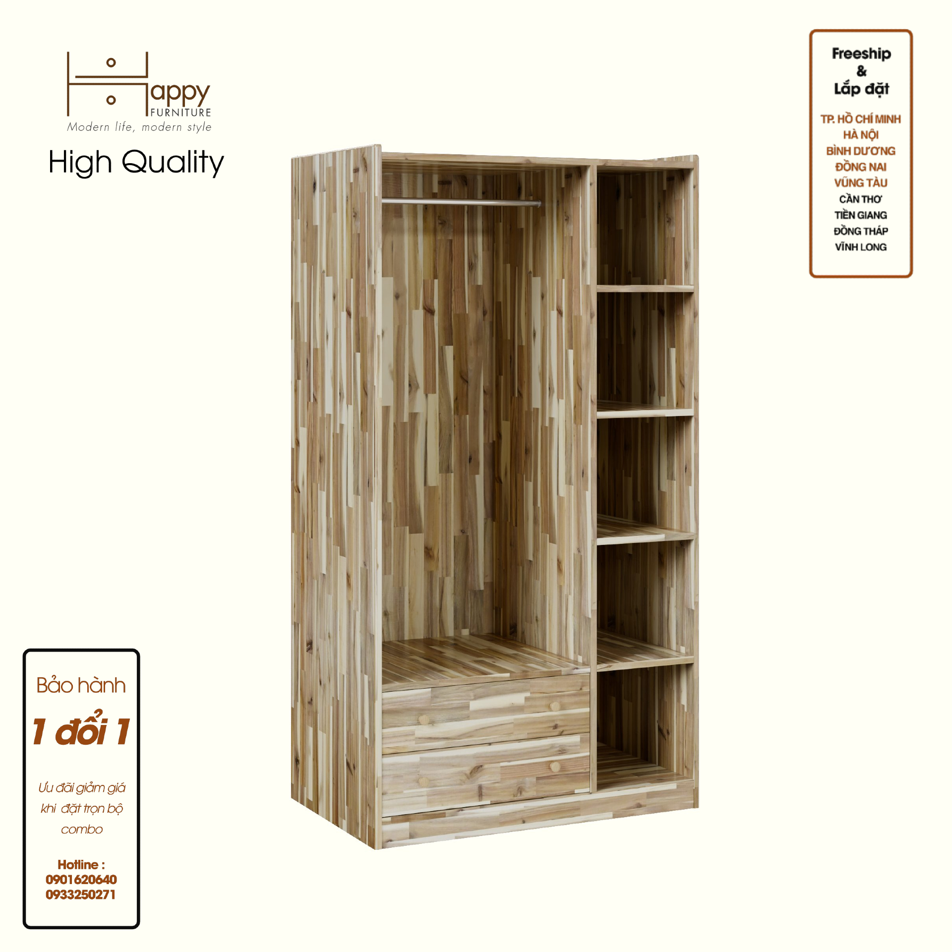 HAPPY FURNITURE , Gỗ tự nhiên , Tủ quần áo 2 ngăn kéo - GAMZE , THK_194, 95cm x 59cm x 176cm