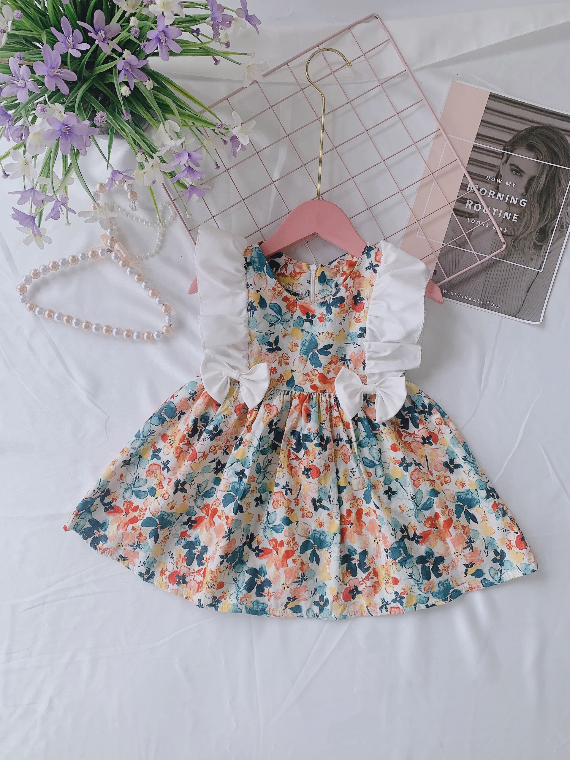 Đầm bé gái NHƯ Ý HOUSE'S- váy trẻ em hàng thiết kế đủ size từ 1- 8 tuổi- Váy hoa phối tay trắng
