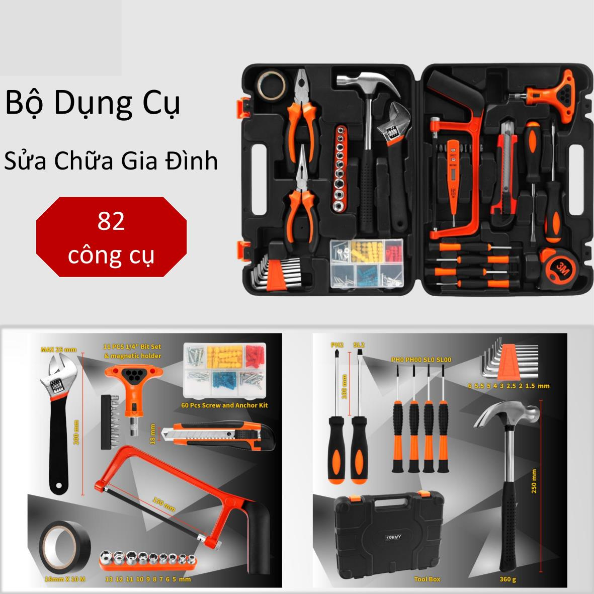 Bộ dụng cụ sửa chửa 82 món, đầy đủ công dụng cụ, phù hợp cho gia đình và văn phòng, phối màu đen cam sang trọng - Hộp dụng cụ 82 món