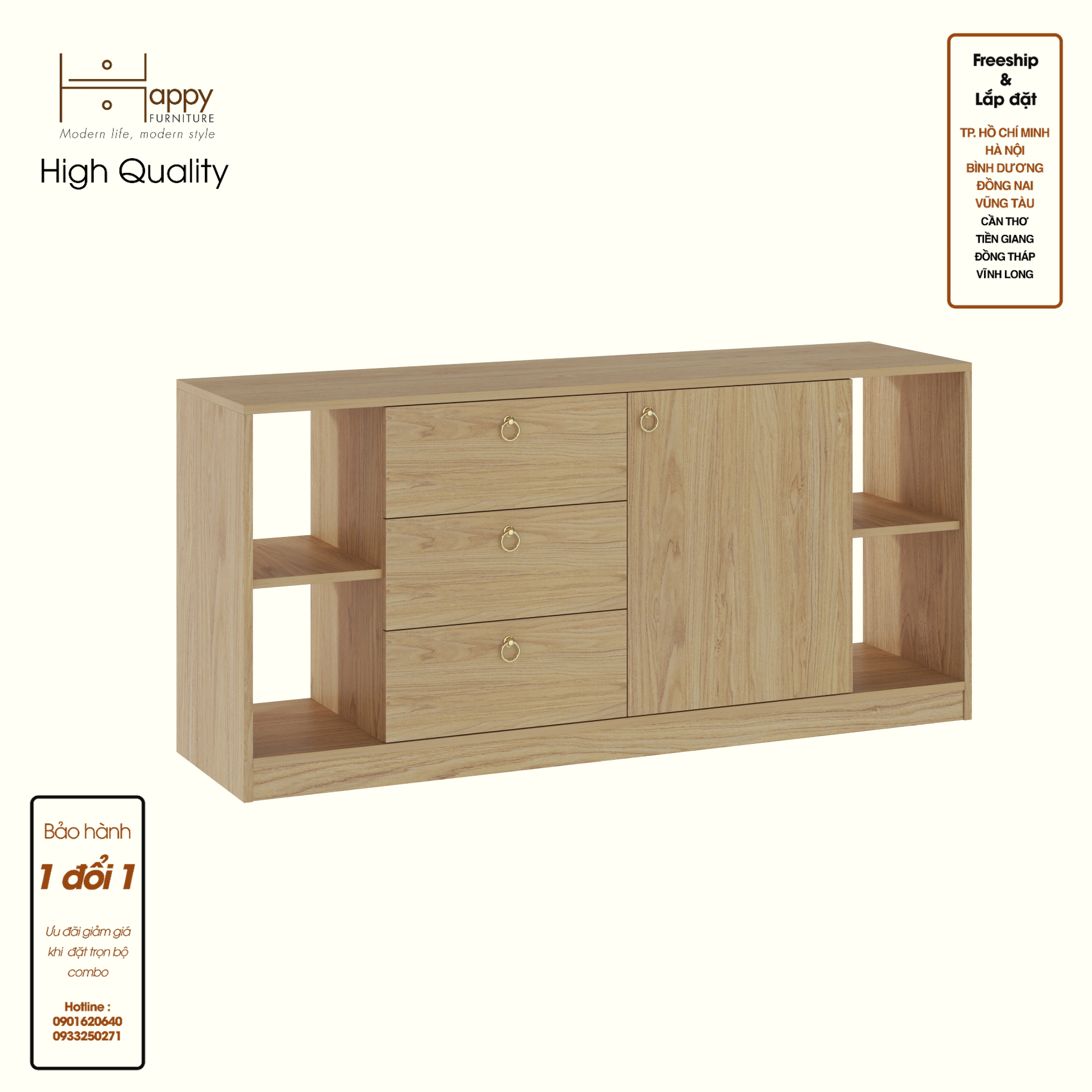 HAPPY FURNITURE , Tủ lưu trữ 3 ngăn kéo 1 cửa mở - MERI , TLT_056 , 150cm x 40cm x 70cm DxRxC