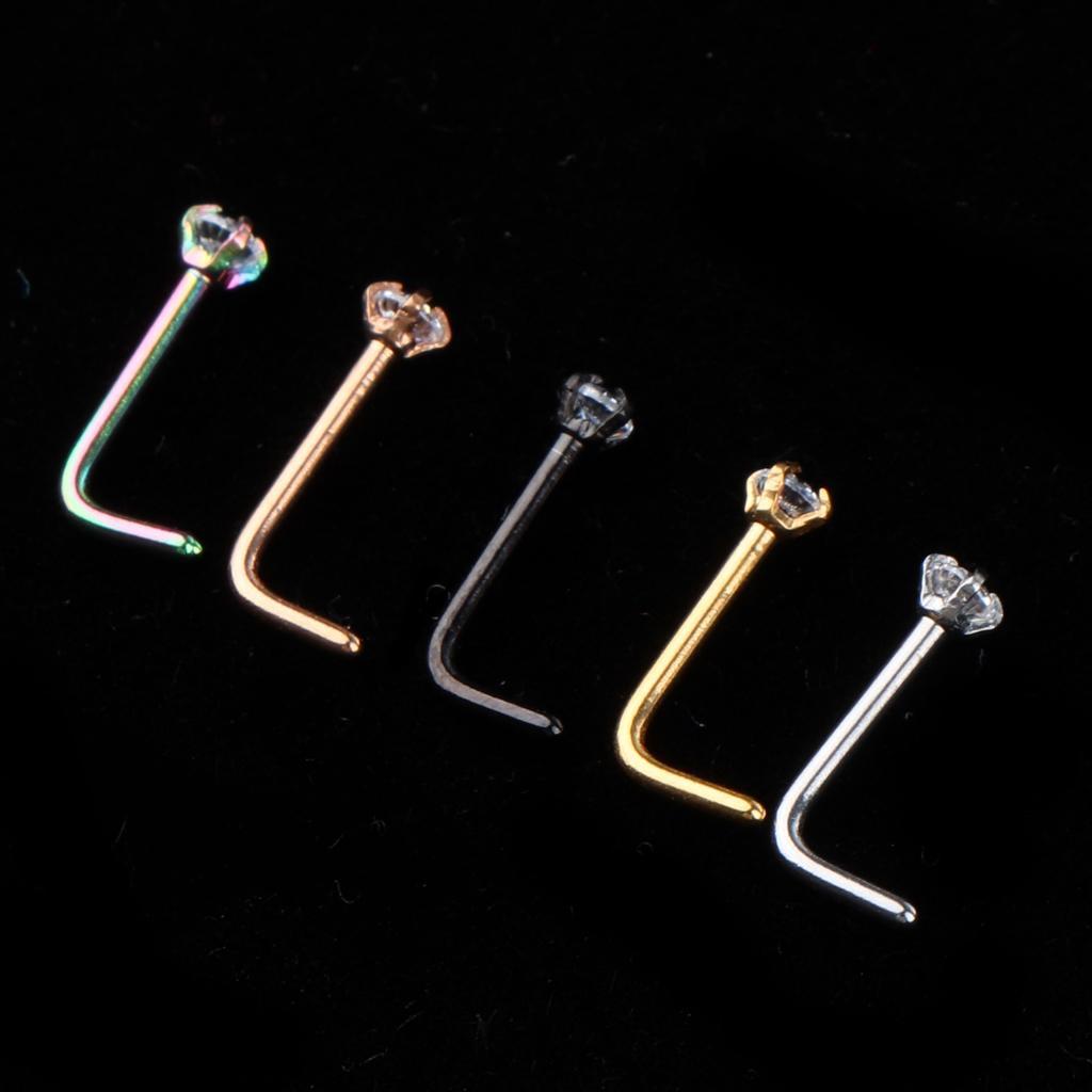 2-7pack 5 Pieces Stainless Steel L Shaped Nose Stud Rings Bar Body Piercing 20g