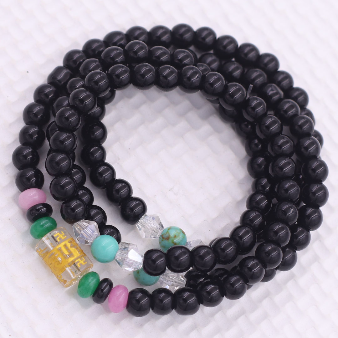 Vòng chuỗi 108 hạt đá thạch anh đen charm lục tự chân ngôn - hạt 8 ly , vòng chuỗi niệm Phật, vòng chuỗi đeo tay