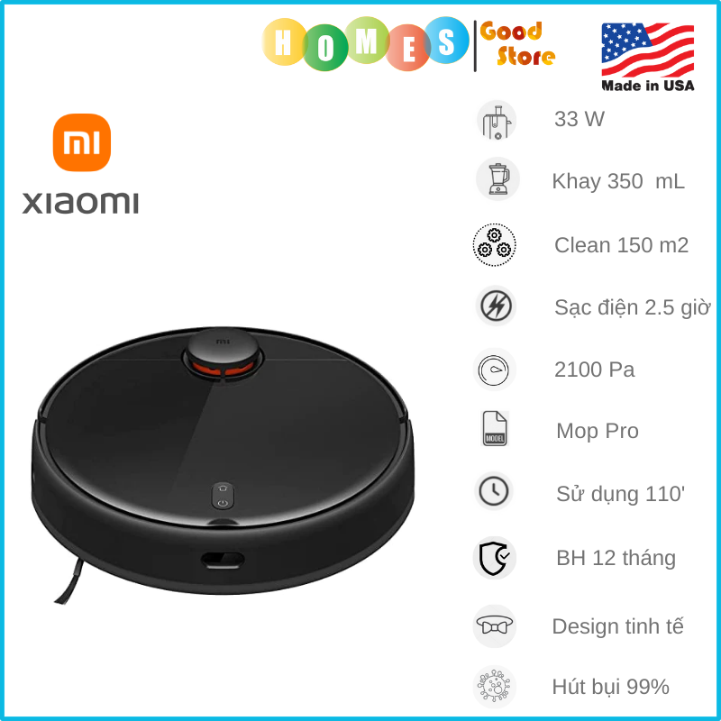 Robot Hút Bụi Lau Nhà Xiaomi Vacuum Mop Pro - Màu Ngẫu Nhiên Diện Tích Hoạt Động 150 m2 Lực Hút 3000 Pa Công Suất 40 W - Hàng Nhập Khẩu