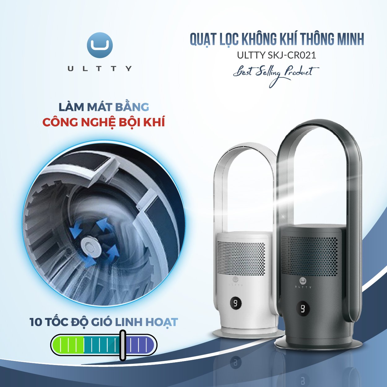 Máy Lọc Không Khí ULTTY SKJ-CR021 Dạng Quạt, Chế Độ Làm Mát 9 Cấp, Bộ Lọc HEPA H13 Loại Bỏ 99,97% Bụi Mịn, Vi Khuẩn, Virut - Màu Trắng - Hàng Chính Hãng