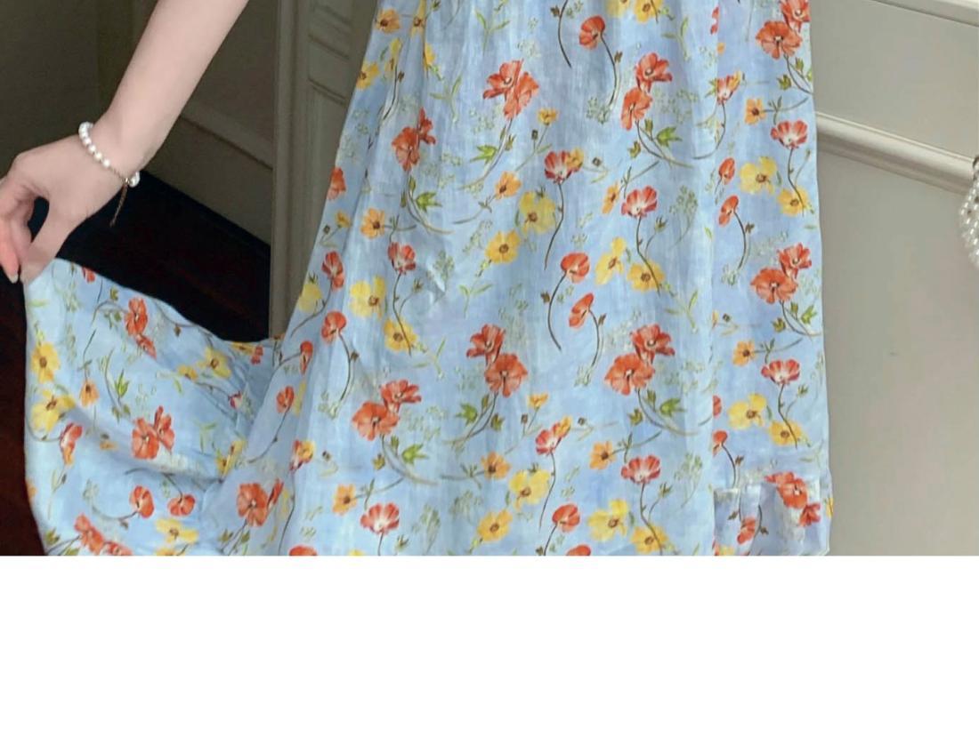 TOBE1SHOP Màu xanh vuông cổ bong bóng tay áo hoa đầm phụ nữ 2023 mùa hè cao cấp cảm giác cao cấp cổ điển đầm dài tinh tế