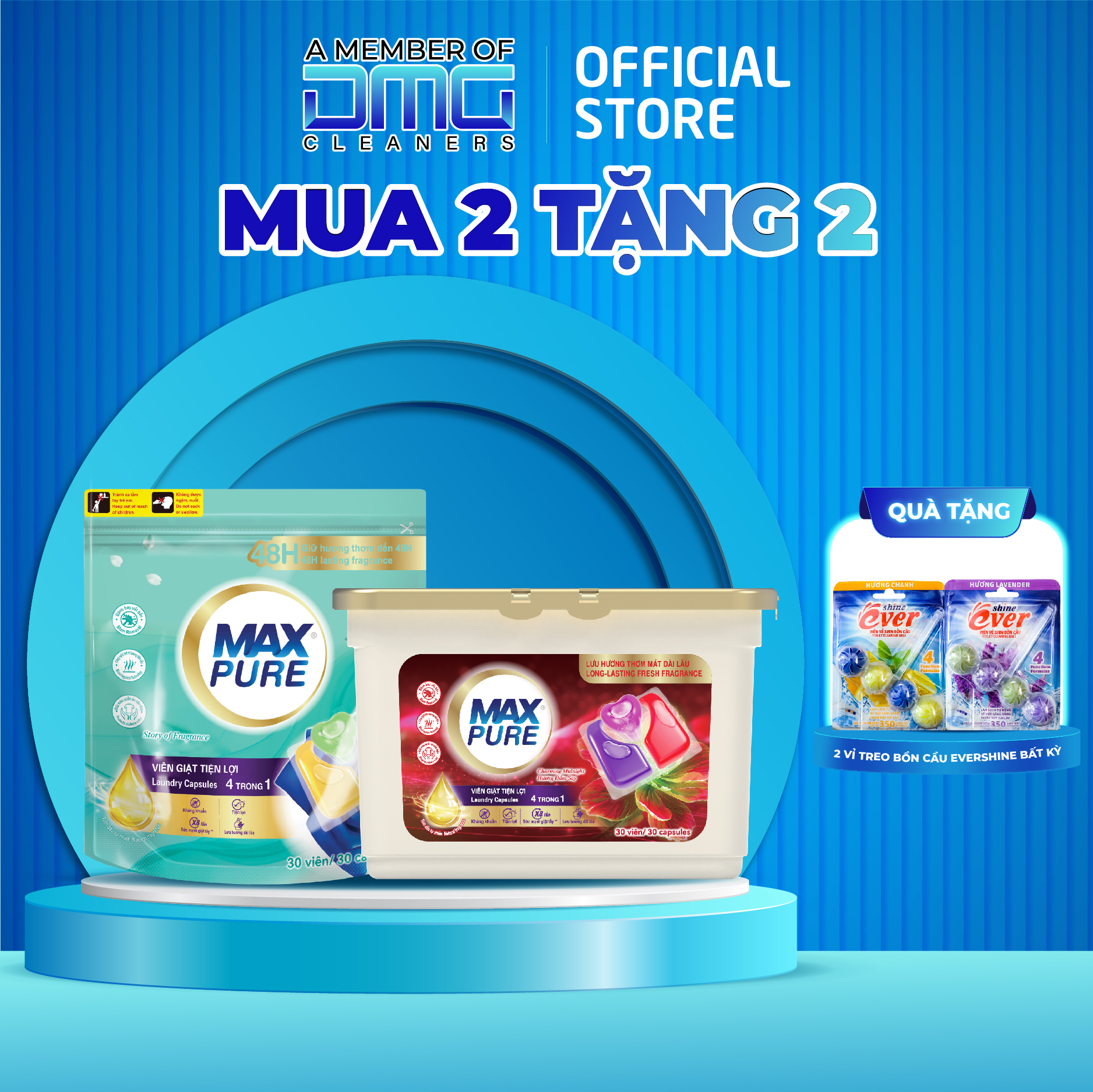 Combo 1 Túi viên giặt Maxpure hương Huyền Thoại + 1 hộp hương Đắm Say tặng 2 viên treo bồn cầu Evershine