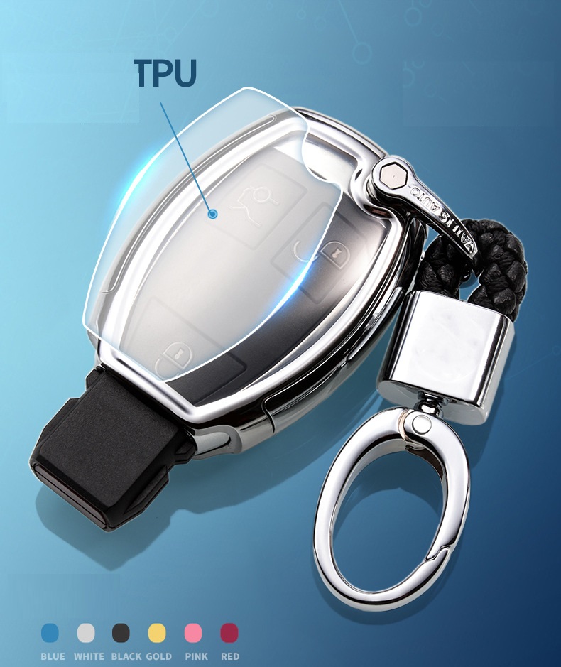 Ốp, bọc chìa khóa silicon màu tráng gương bảo vệ chìa khóa cho xe Mercedes kèm móc đeo INOX - 2 Nút