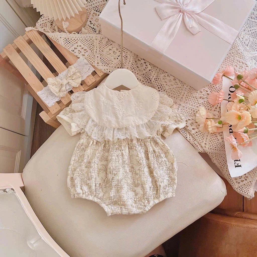 SET ĐỒ LIỀN THÂN BODY YẾM REN CỔ RỜI BĂNG ĐÔ KEM BÉ GÁI SƠ SINH 1 2 TUỔI