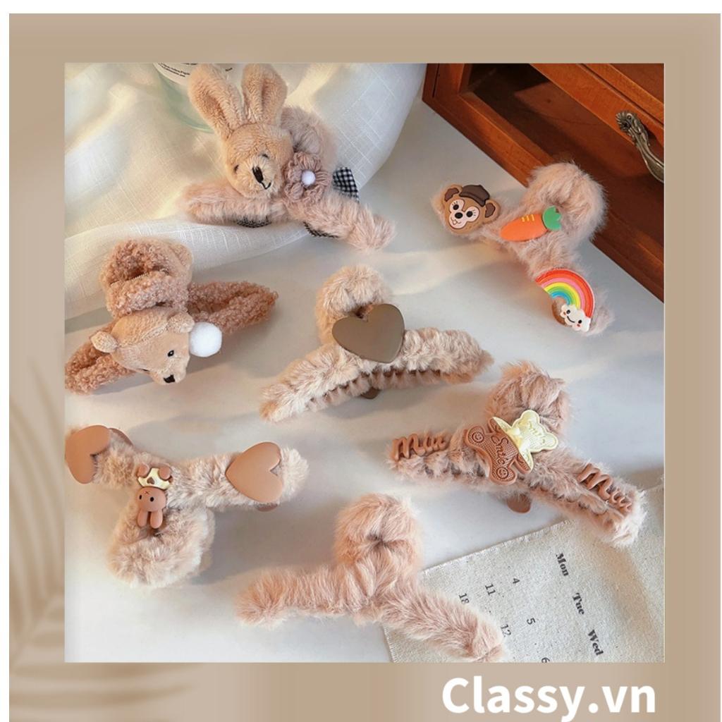 Kẹp càng cua Classy đính lông đính nơ, đính hoa màu be sang trọng PK1626