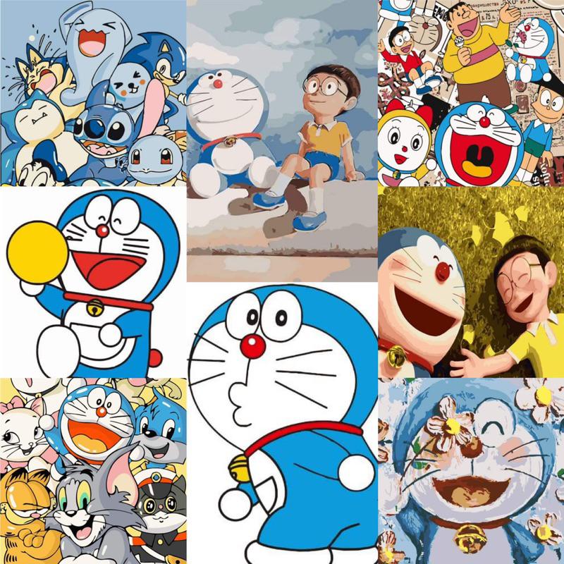 Tranh tô màu theo số Tranh sơn dầu số hoá hình Doraemon size 30*40 kèm khung