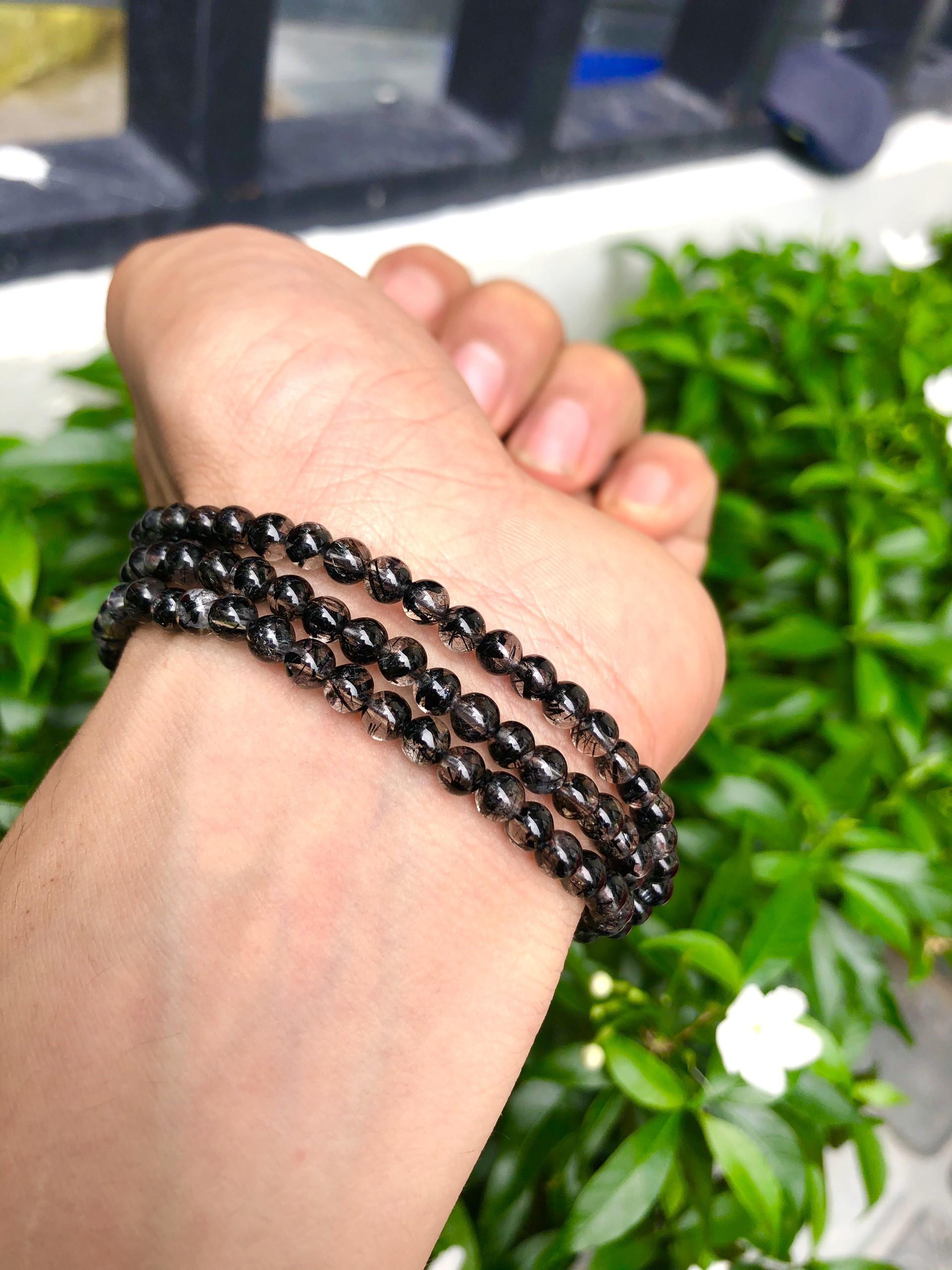 Vòng thạch anh tóc đen cuốn 3 vòng hạt 5-5.5 mm