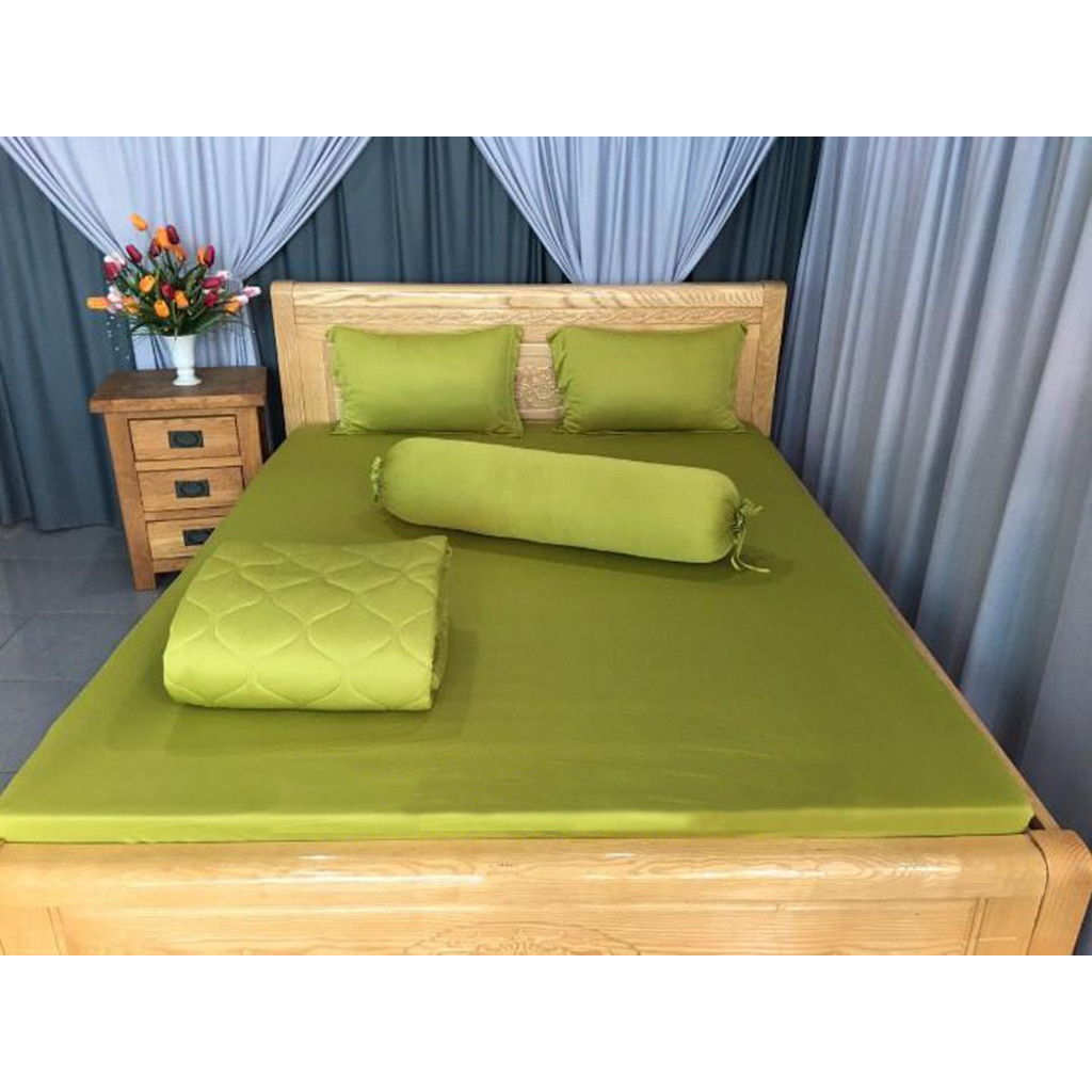 Bộ 4 Món Ga Gối Thun Mát Mềm Cao Cấp Màu Xanh Rau Má Mềm Mịn Thấm Hút Mồ Hôi Tốt - Vải Thun Lạnh Hàn Quốc Loại 1