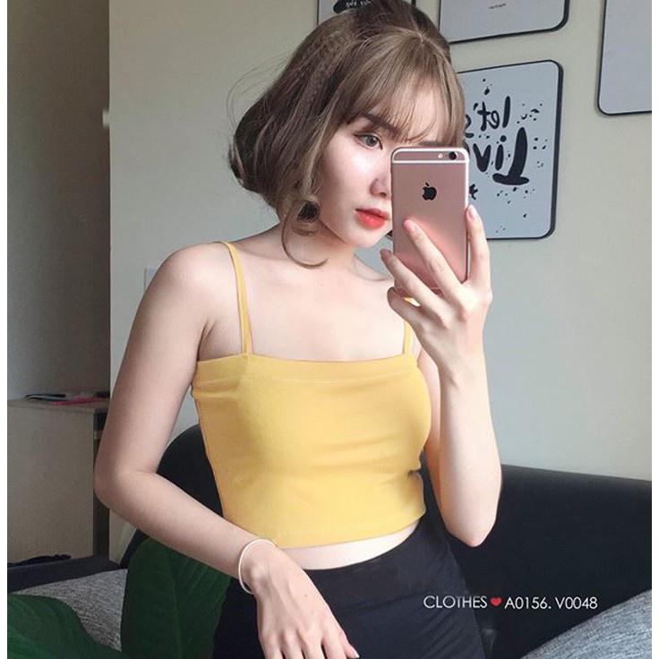 Áo Thun 2 Dây Croptop Thời Trang 24h Màu Vàng Nghệ Vải Dày Giá Rẻ