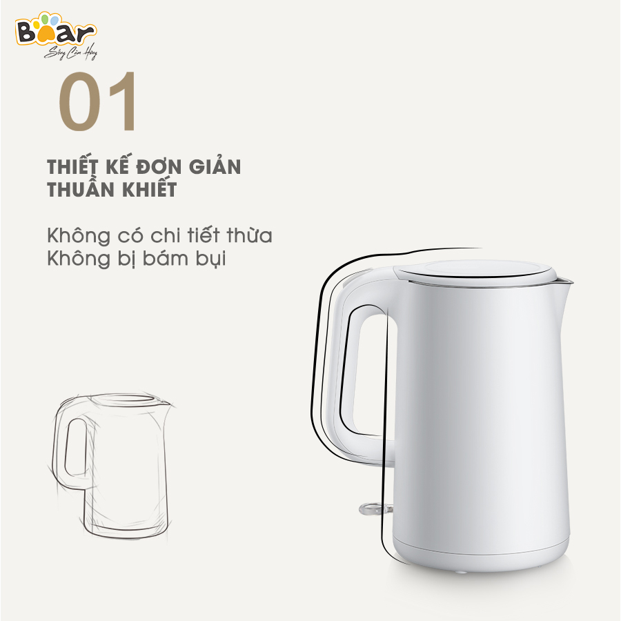 [Hàng Chính Hãng]Bình đun nước siêu tốc Bear ZDH-B15T1 1.5L công suất 1500W, lõi ấm Inox 304 cao cấp, chống cháy cạn, chống cháy khi quá nhiệt, ngắt điện tự động khi sôi, phù hợp sử dụng trong gia đình, văn phòng nhỏ