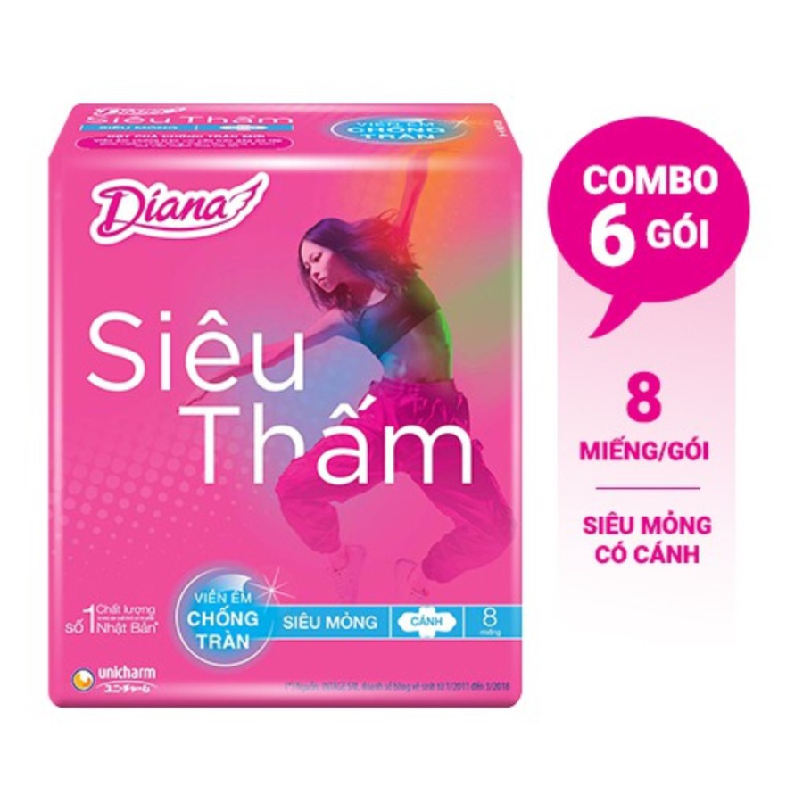 Combo 6 gói Băng vệ sinh Diana Siêu thấm siêu mỏng cánh 8 miếng