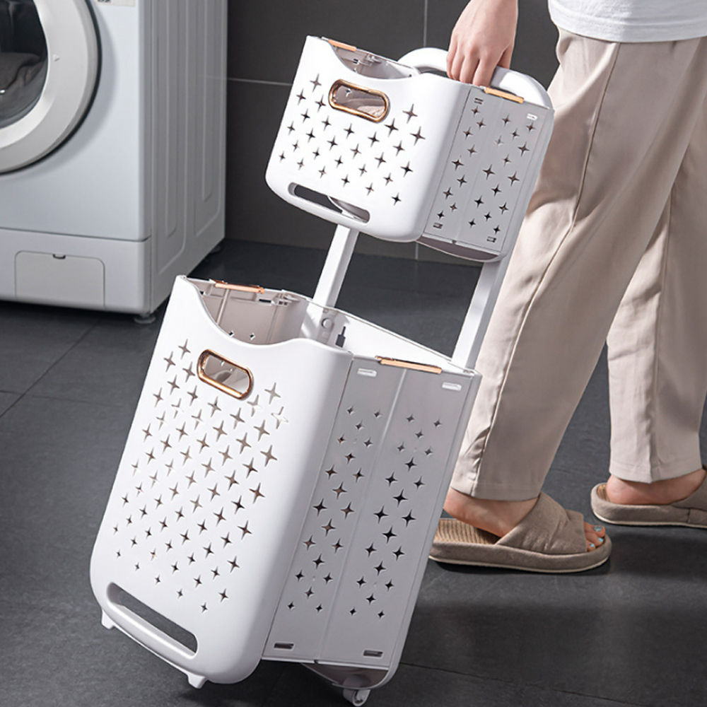 Giỏ đựng quần áo đa năng 2 tầng K143 gấp gọn treo tường hoặc bánh xe di động có Giỏ đựng đồ bằng nhựa PP cao cấp