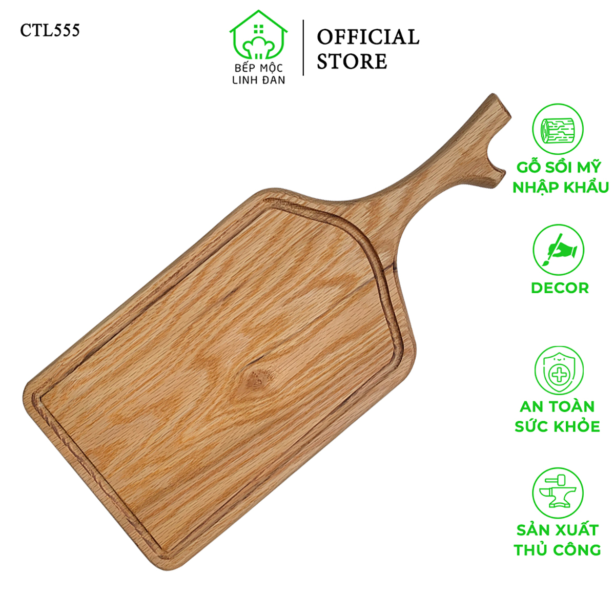 Khay Gỗ Sồi Tay Cầm Sừng Hươu HAHANCO Chắc Bền Vân Đẹp