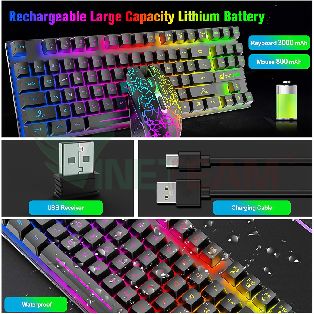 Bộ Bàn Phím Và Chuột Không Dây Vinetteam Ziyoulang T87 Led RGB Rainbow Bbacklight Pin 3800mAH Có Thể Sạc Lại Tặng Kèm Lót Chuột Siêu Chất - Hàng Chính Hãng