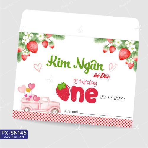 Thiệp thôi nôi – sinh nhật Pluxi bé gái hình trái dâu - PX_SN145