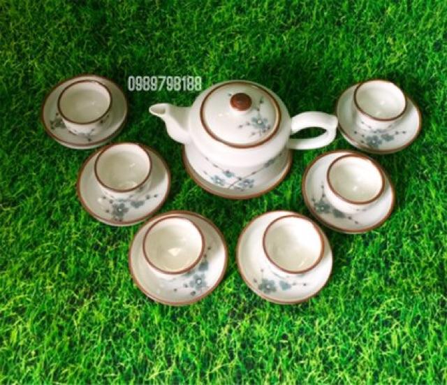 Bộ ấm chén Bát Tràng men kem vẽ hoa đào xanh