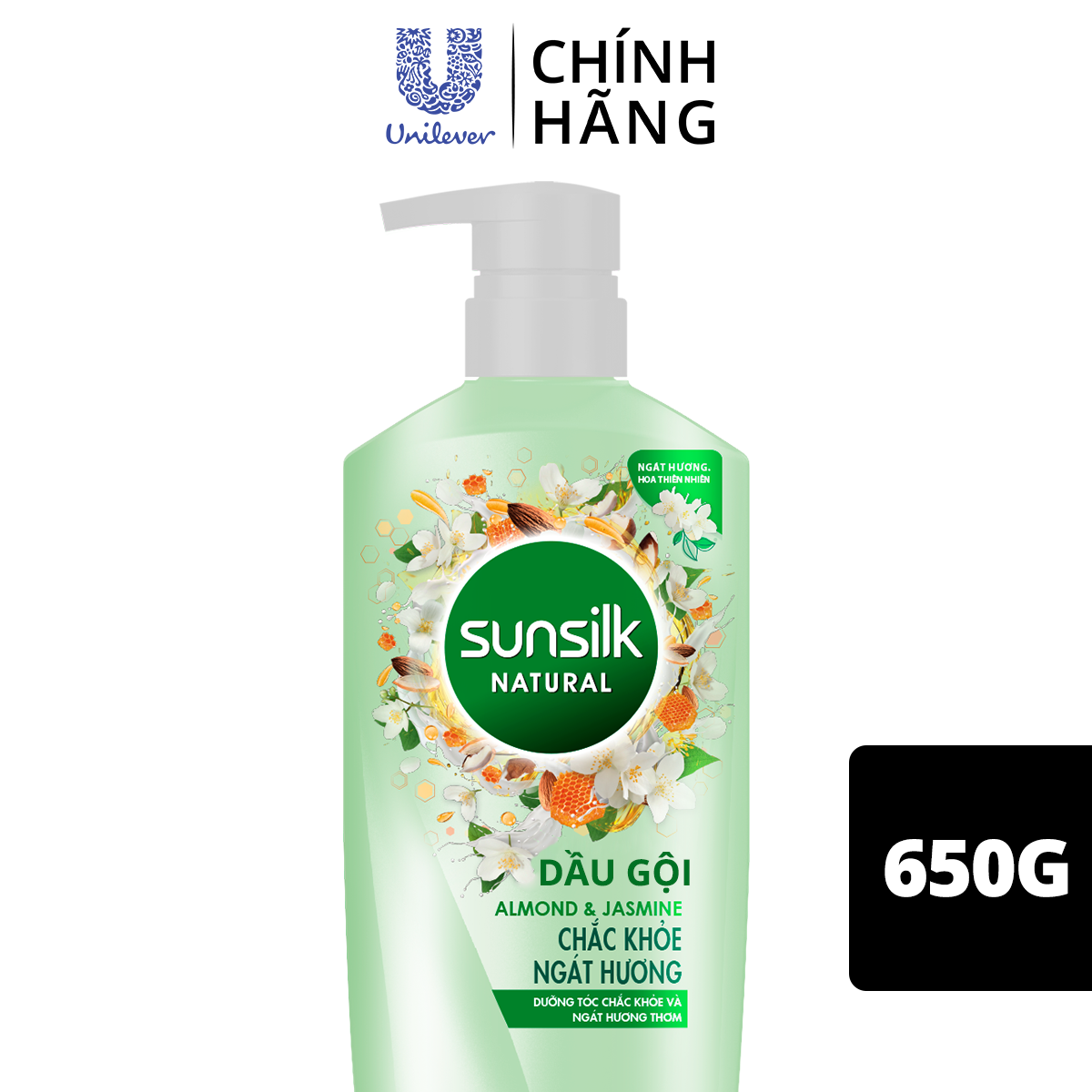 Dầu gội Sunsilk Chắc Khỏe Ngát Hương 650gr dành cho tóc gãy rụng với dưỡng chất thiên nhiên hạnh nhân &amp; hoa nhài