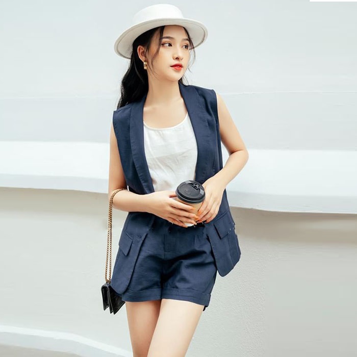 Set bộ linen áo vest ghile ve tròn kèm quần cộc trẻ trung ArcticHunter, thời trang thương hiệu chính hãng