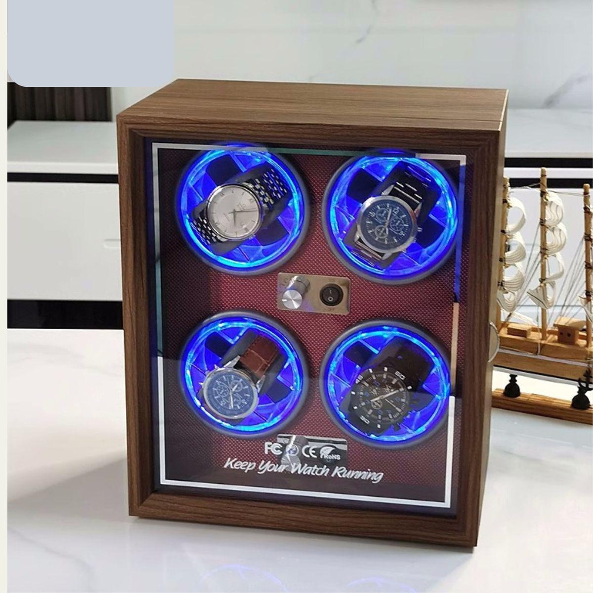 Hộp xoay đồng hồ cơ tự động lên cót 4 chiếc - Hộp đựng đồng hồ cơ vỏ gỗ với 5 chế độ và đèn LED