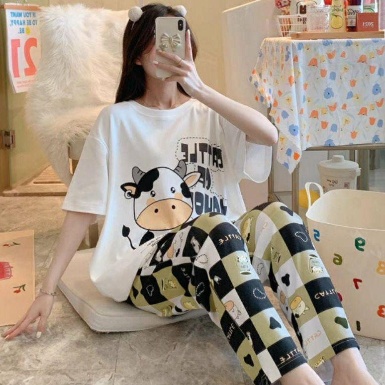Đồ bộ nữ cộc tay mặc nhà thời trang mới nhất - Chất liệu Cotton cao cấp Đồ bộ thun quần dài, đồ mặc ở nhà Quảng Châu, họa tiết hoạt hình bò sữa dễ thương