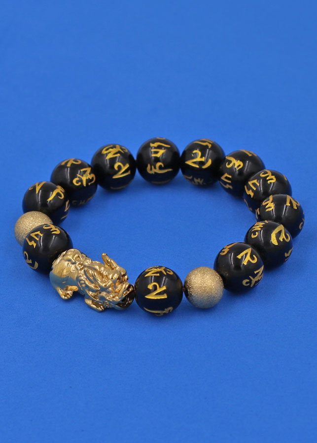 Vòng tay đá Thạch Anh Đen khắc Phật Chú 12 ly - cẩn Tỳ Hưu Phong Thủy inox vàng VTAEPVTHHBV12 - hợp mệnh Thủy, mệnh Mộc