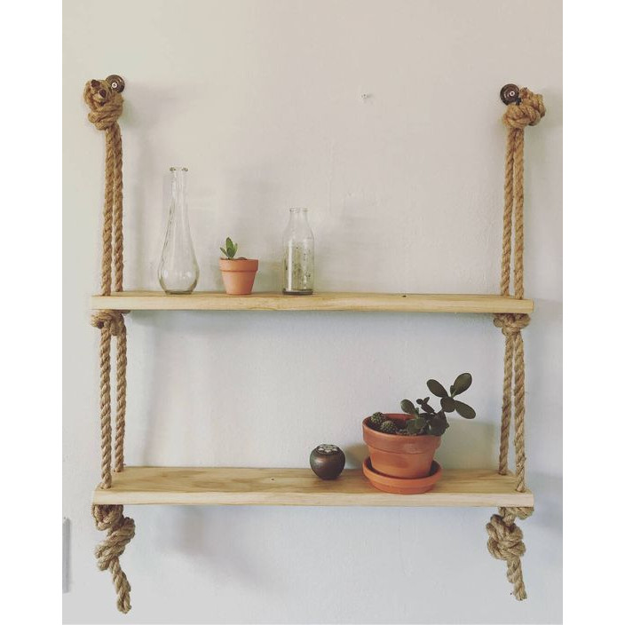 Kệ 2 Tầng Treo Tường Bằng Dây Trang Trí Gỗ Thông Tự Nhiên - Kích Thước DxR: 60x10cm