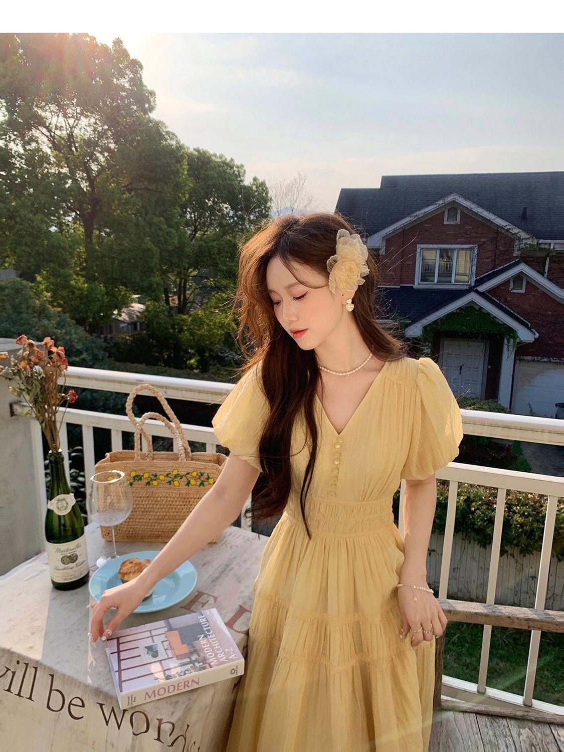 TOBE1SHOP DbyDoi Pháp Vintage dịu dàng gió hiển thị gầy v-cổ tiên nghỉ mát gió váy đầm đầm dài cho trẻ em mùa hè