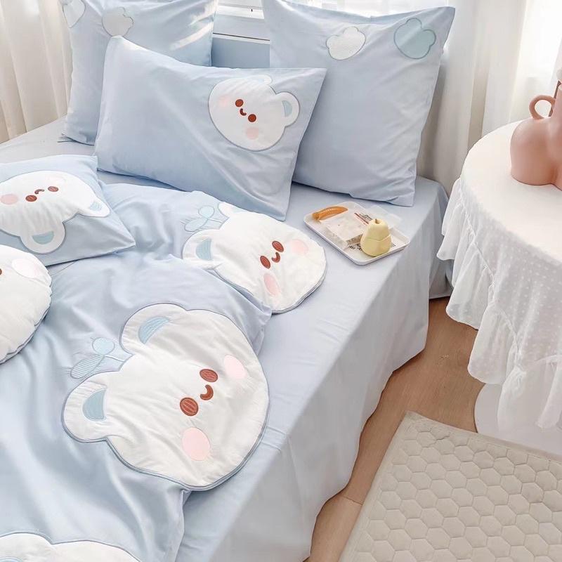 Bộ Chăn Ga Gối Cotton Linen Disney Hàng Nhập Khẩu Cao Cấp 5Món Mẫu Thỏ Xanh
