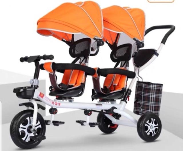 Xe đẩy đôi cho bé bánh cao su, ghế xoay 360 độ