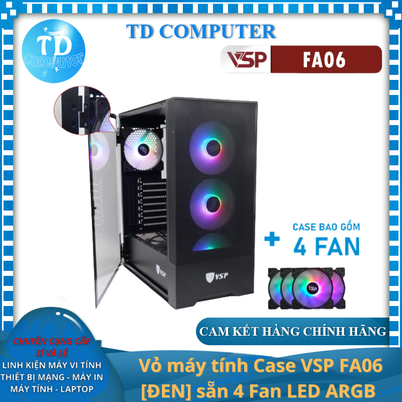 Vỏ máy tính Case VSP FA06 sẵn 4 Fan LED ARGB Gaming Kính cường lực - Hàng chính hãng Tech Vision phân phối