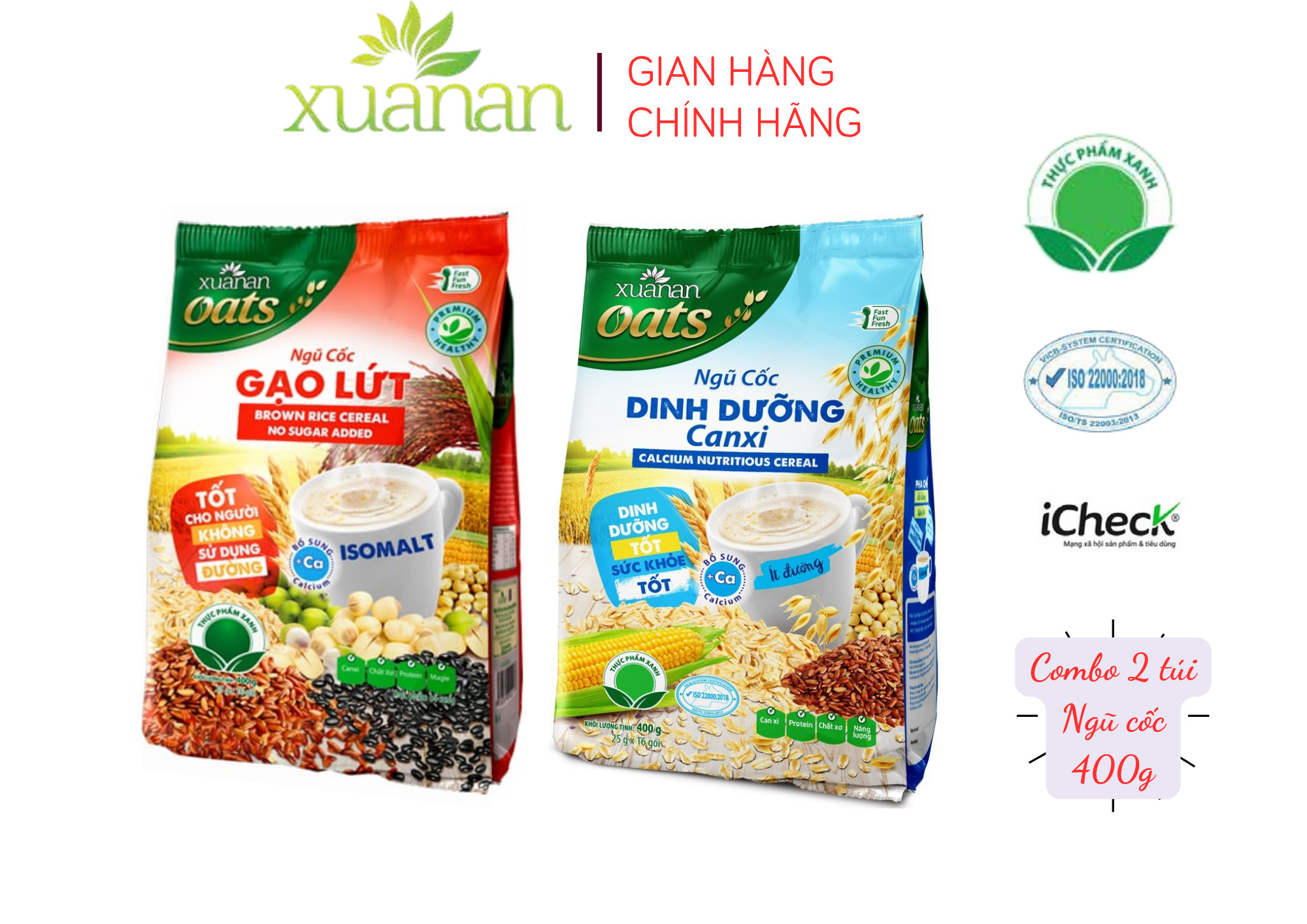 Combo Ngũ Cốc Dinh Dưỡng Canxi ít đường 400G + Ngũ Cốc Gạo Lứt No Sugar400G