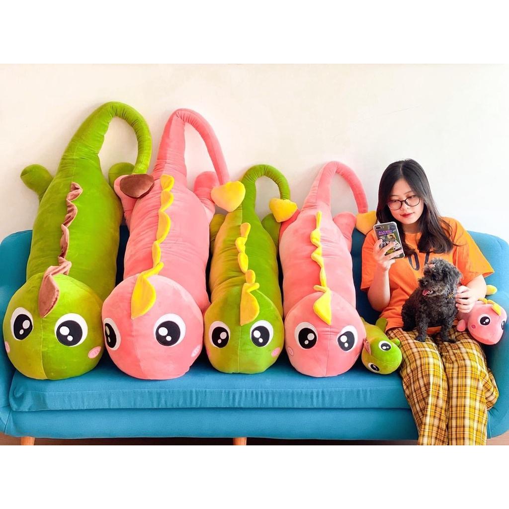 Gối ôm Gấu bông khủng long đầu to mắt lồi size 80cm - 1m8 đáng yêu, khủng long đuôi tim - Chất liệu vải nhung cao cấp