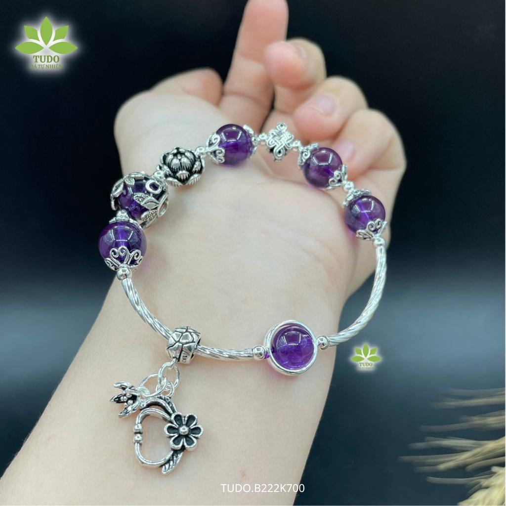 Vòng Tay Bạc Nữ Charm Bạc Cát Tường, Hoa Sen, Ốp Bọc Mix TA Tím TUDO B222K700 cho Mệnh Hỏa Thổ