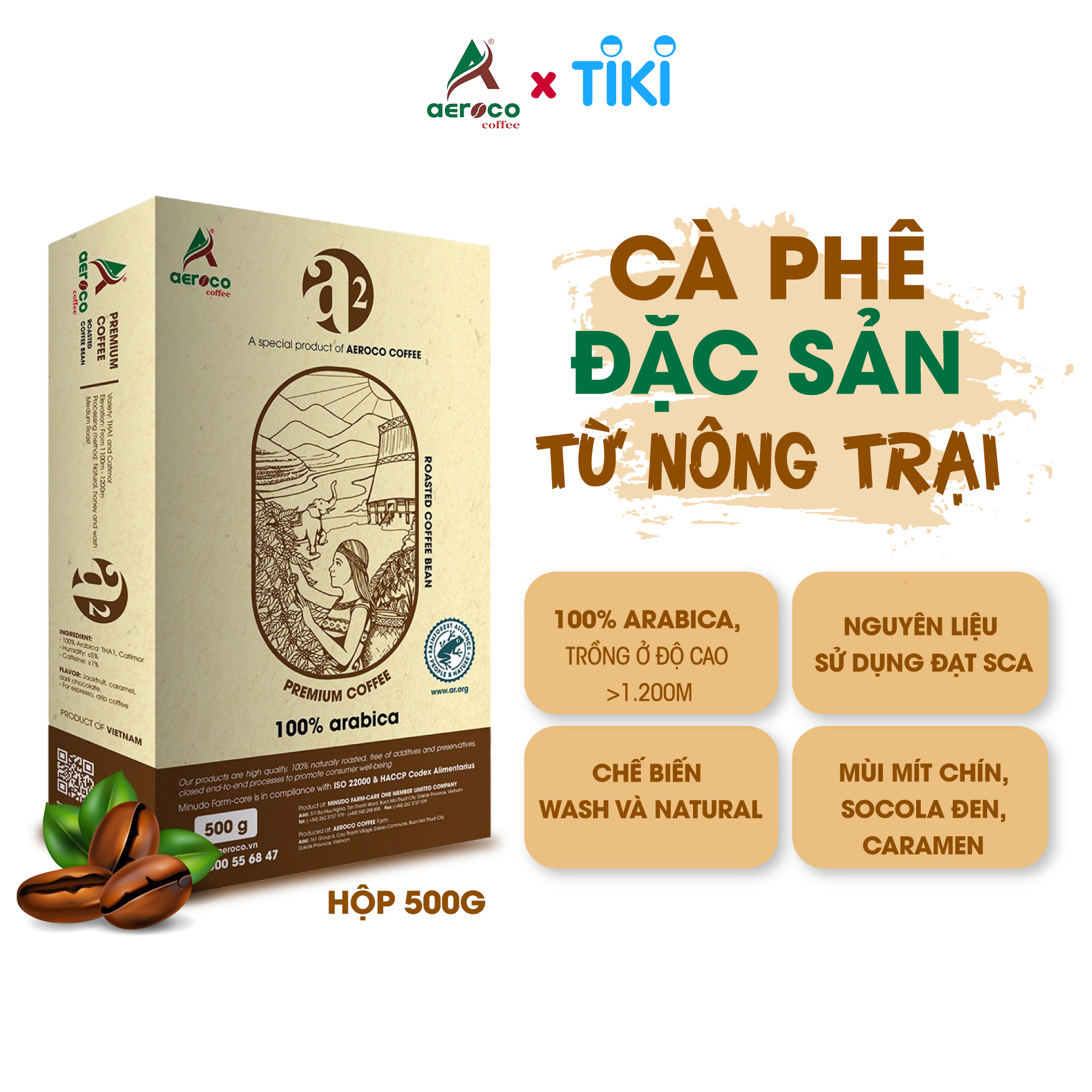 Cà phê hạt rang AEROCO A2 pha phin và pha máy, hộp 500g, nguyên chất 100% rang mộc hậu vị ngọt thơm quyến rũ