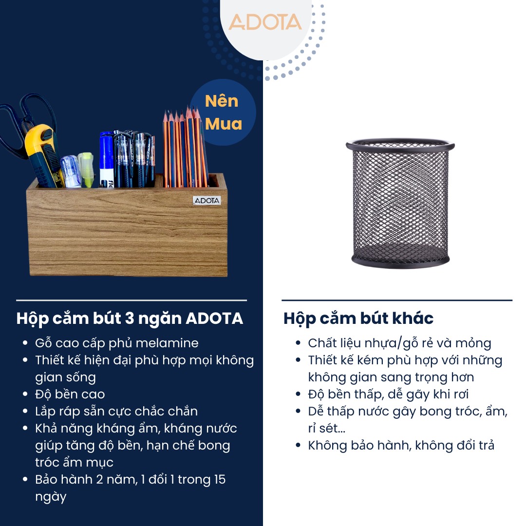 Combo 3 hộp cắm bút bằng gỗ (hộp cắm bút đơn, hộp cắm bút đôi và hộp cắm bút 3 ngăn) để bàn làm việc cao cấp phong cách sang trọng ADOTA