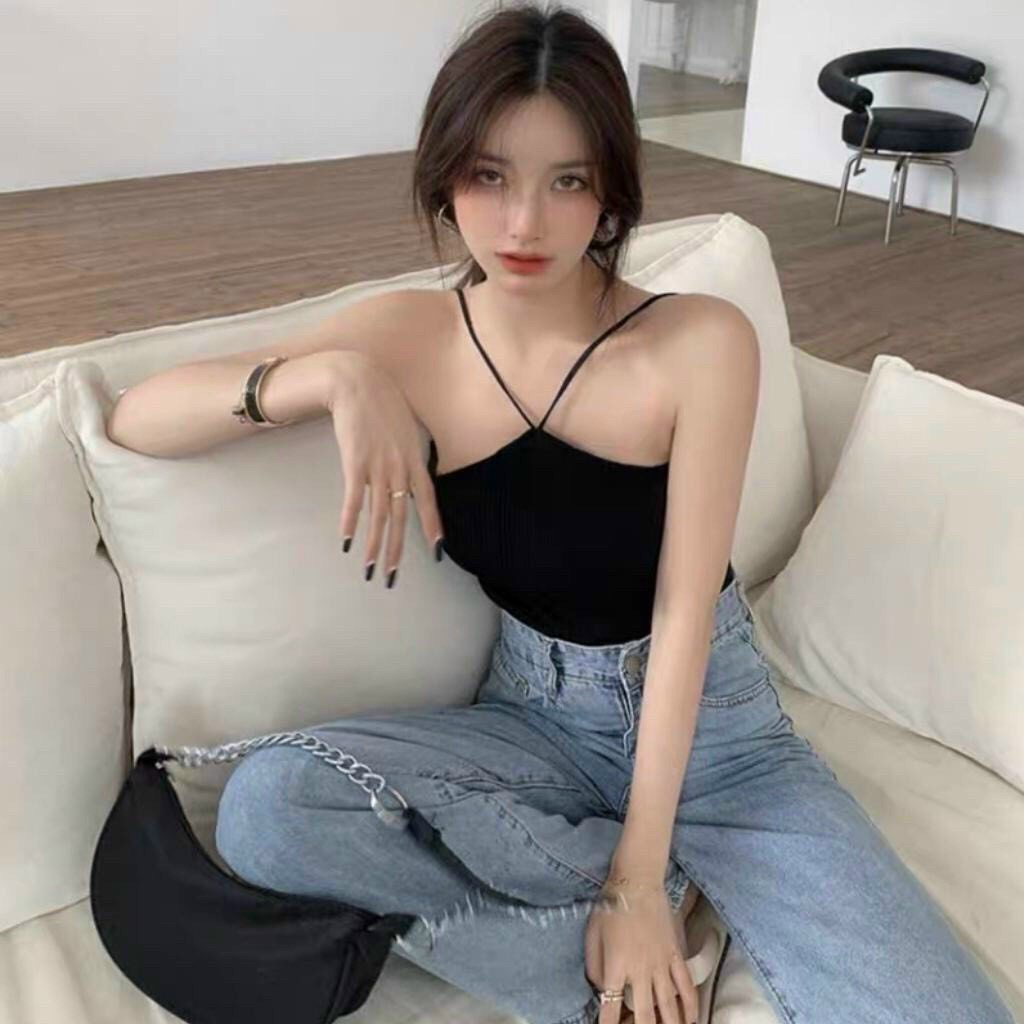 Áo Yếm Nữ Thun Cotton Tăm Dây Buộc Sau Siêu Hot, Áo Kiểu Dây Yếm Chéo Cổ Khoe Xương Vai Xinh Hở Lưng Sexy, Áo Croptop 2 Dây Cổ Vuông Nữ Sát Nách Áo Thun Dáng Lửng Ôm Body 2 Màu Đen Trắng, áo Croptop Yếm Buộc Cổ Siêu Xinh