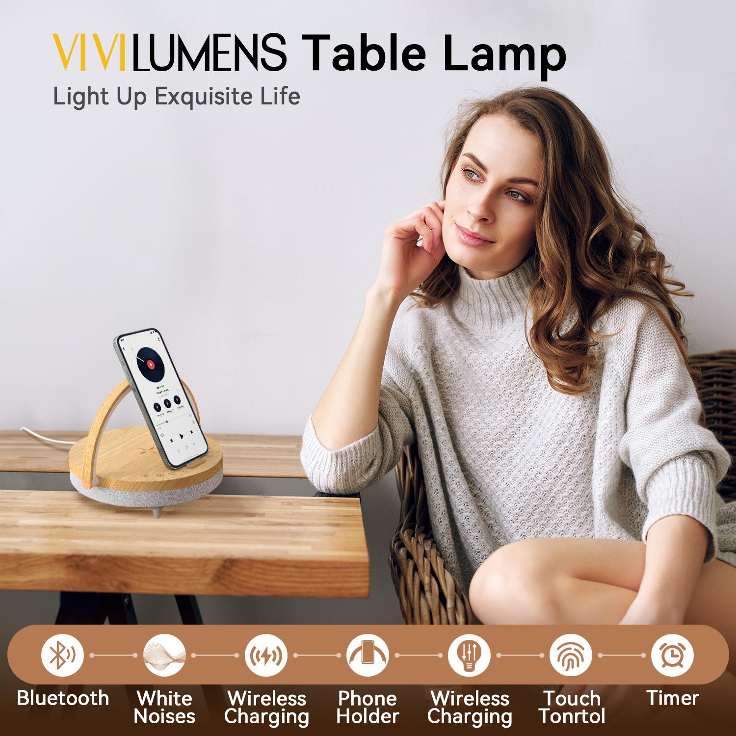 Vivilumens Bàn giường ngủ Đèn LED Đèn ban đêm với loa bluetooth bộ sạc không dây, đèn bàn làm máy tính trợ giúp ngủ