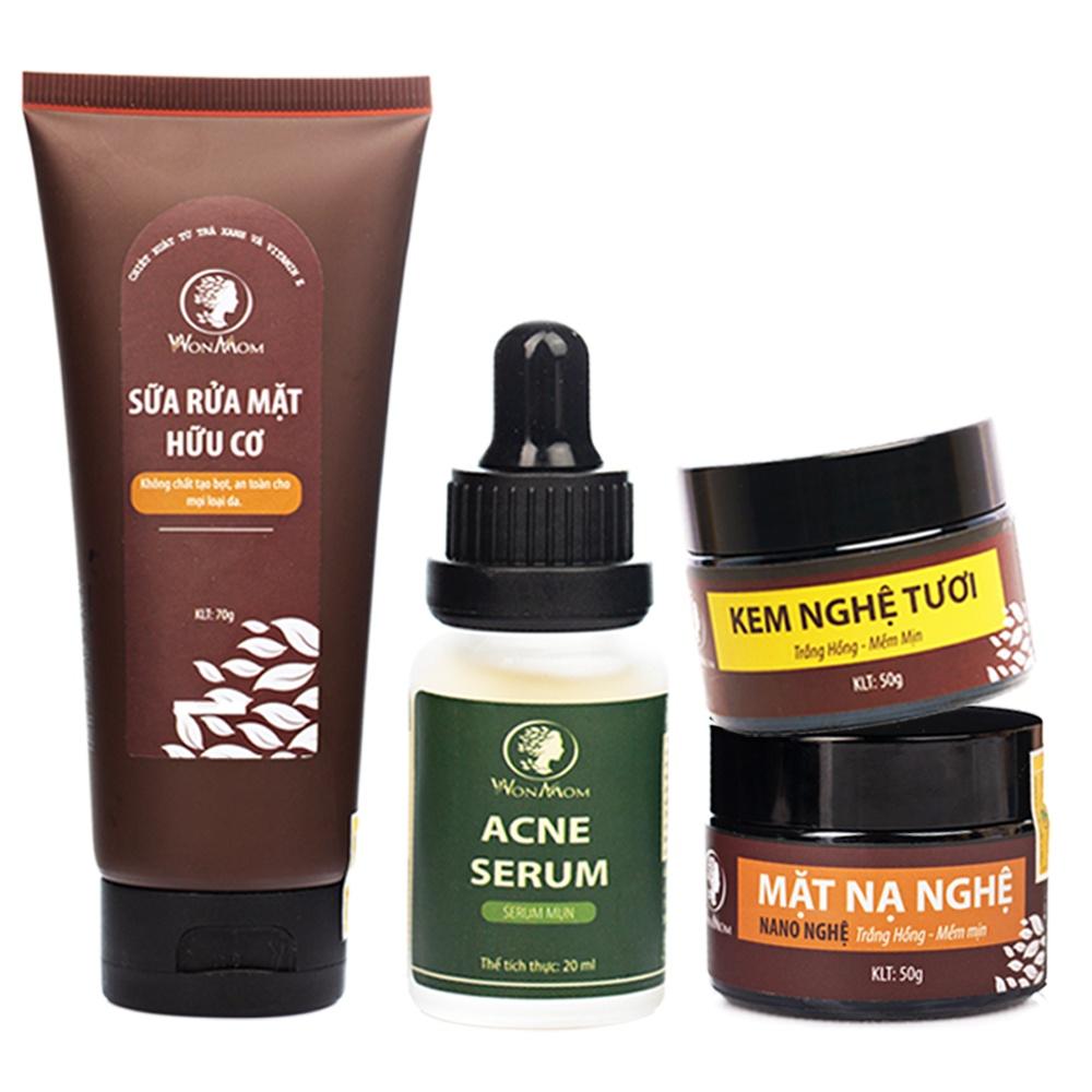 Bộ trắng da, sạch mụn nám toàn diện Wonmom (Sữa rửa mặt+Kem nghệ tươi+Serum mụn+Mặt nạ nghệ)