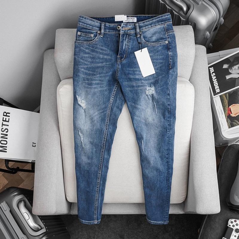 Quần Jean Nam Xanh Đậm mài rách ôm dáng xuất dư xịn chất bò co giãn