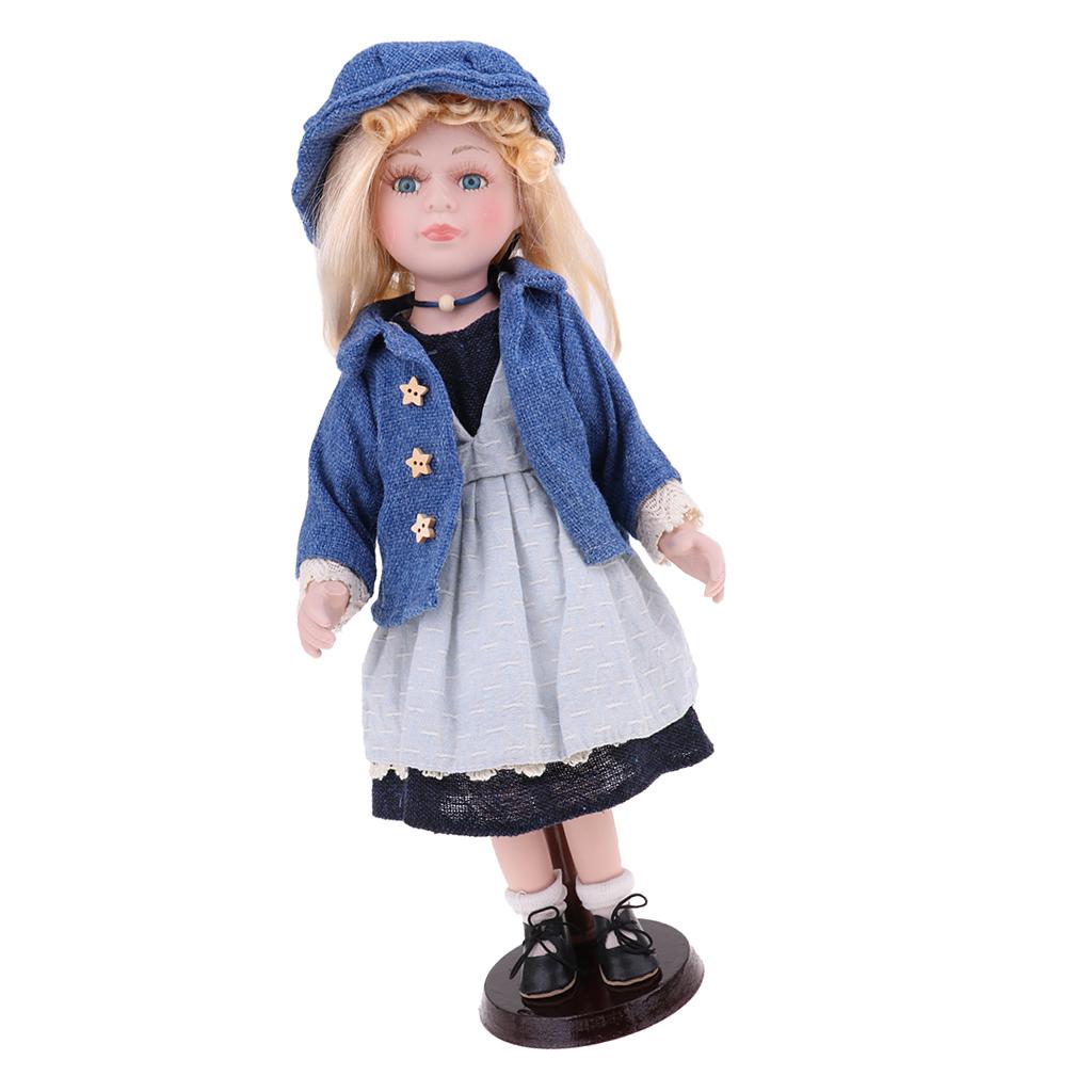 40cm Porcelain Curly Girl Doll People Figures with Blue Dress Hat Gifts
