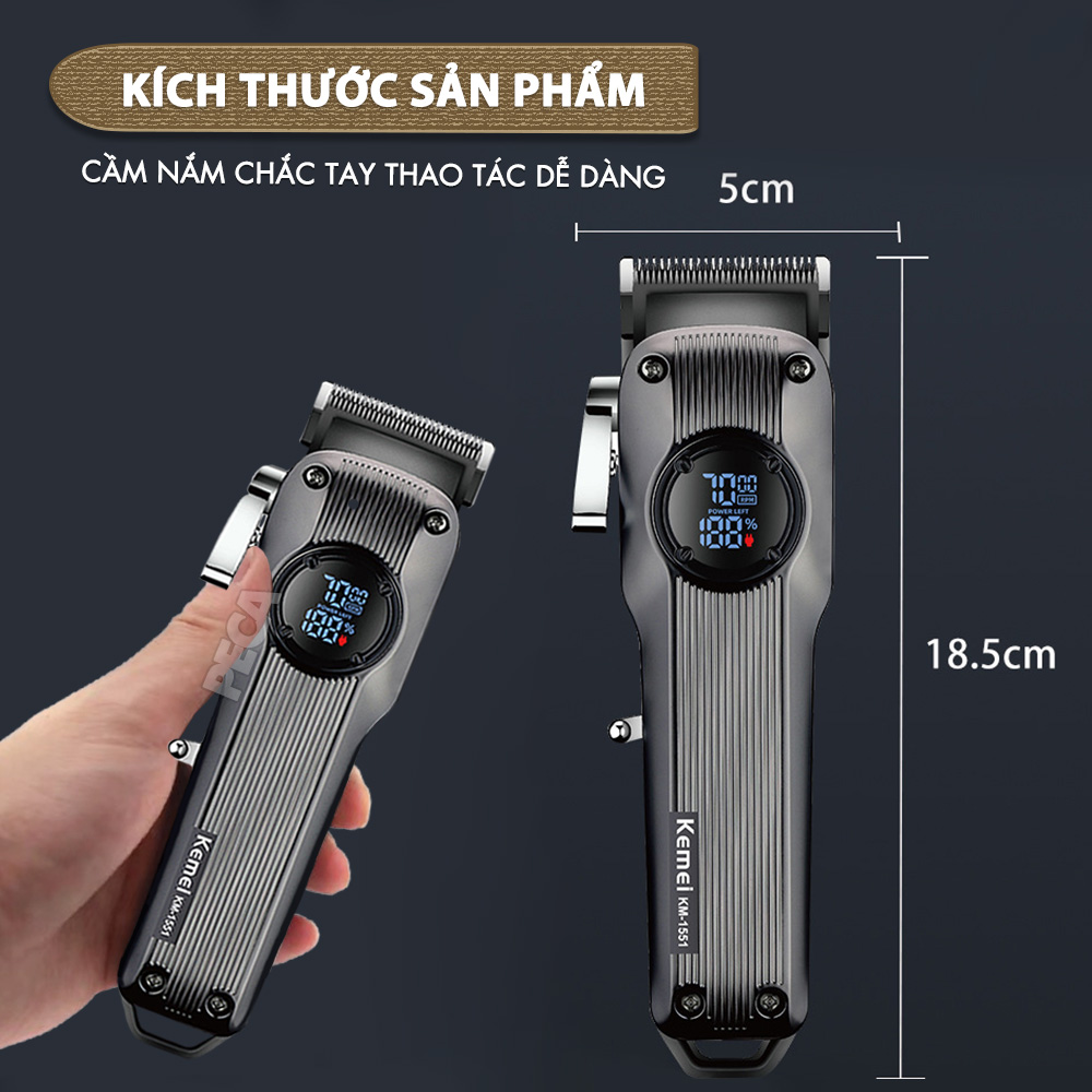 Tông đơ cắt tóc chuyên nghiệp Kemei KM-1551 công suất mạnh 5W màn hình LCD sạc nhanh USB type C tiện lợi - Chính hãng